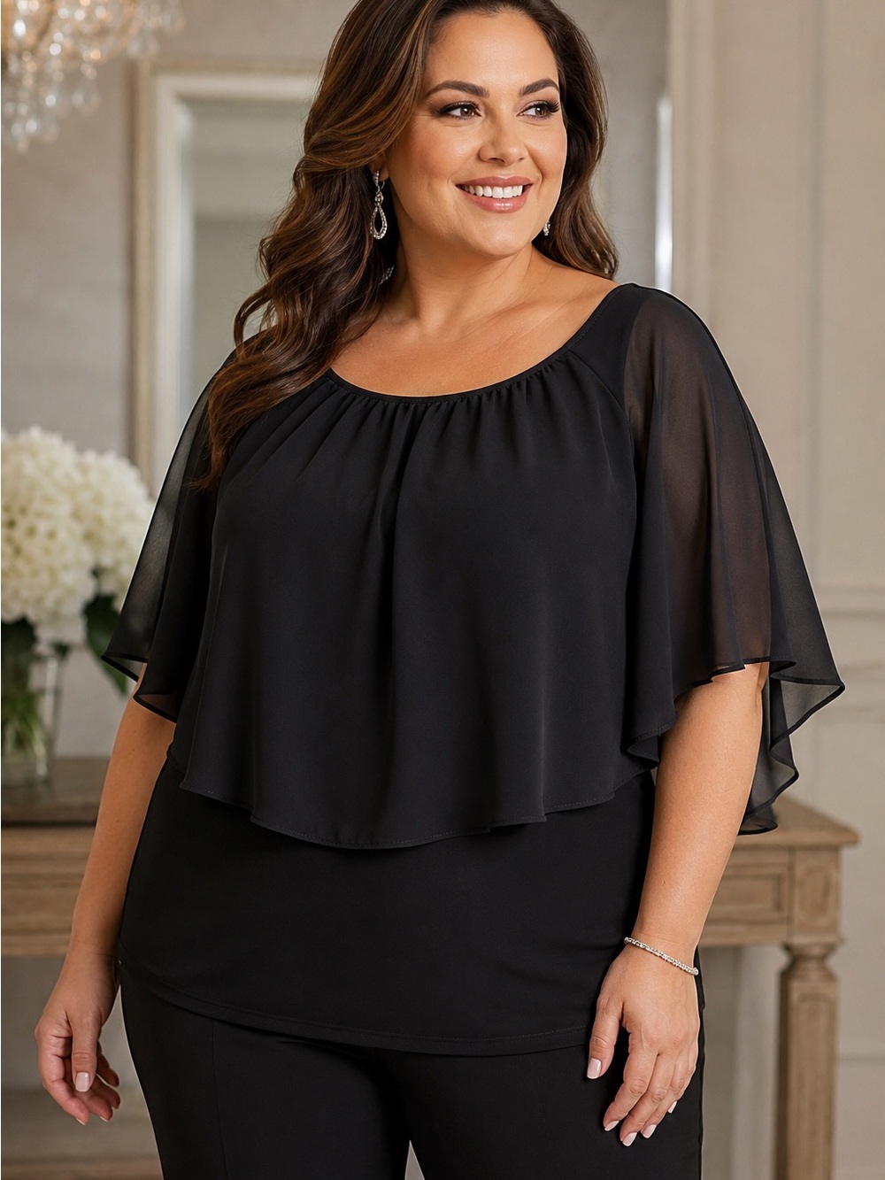 CB Established 1962 1X Black Cape Overlay Blouse Sheer Flutter Sleeve Top